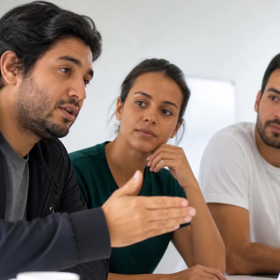 Facilitador olhando o cronômetro enquanto um participante fecha a fala de três minutos