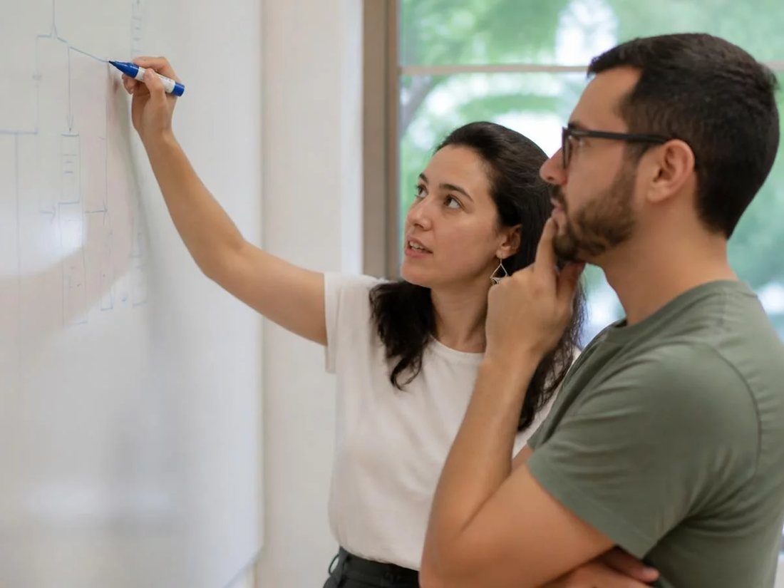 Dois alunos em pé diante do quadro branco, desenhando a ordem de um argumento